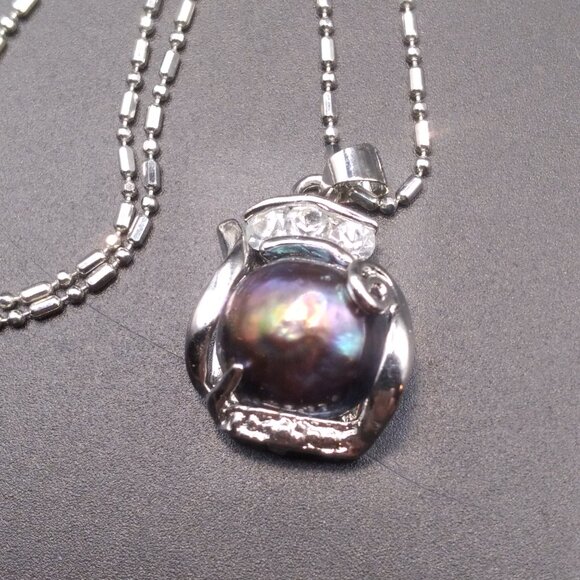 Vintage 18k GP Tahitian Black Pearl Pendant & 18k GP Necklace - Picture 4 of 7